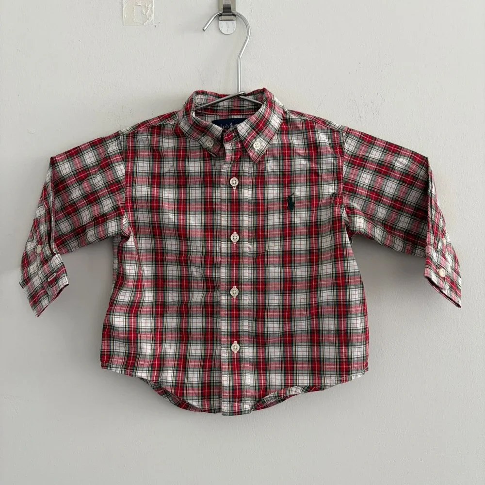 Ralph Lauren Boys 18M Red Plaid Button Down Shirt Long Sleeve Cotton